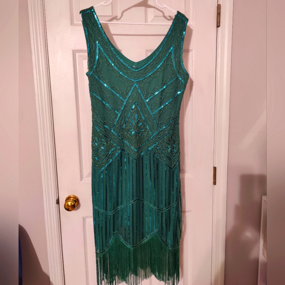 Green sequin fringe dress